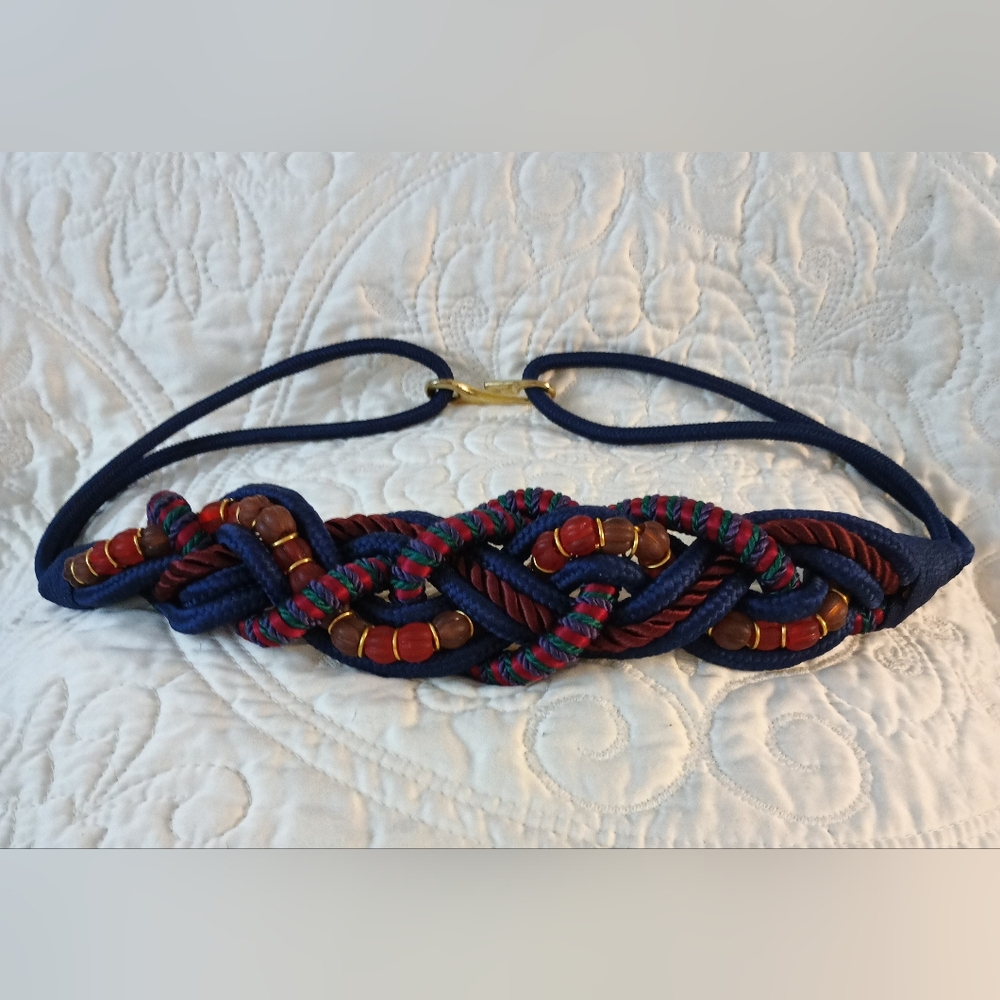 Vintage rope braided belt red navy blue gold